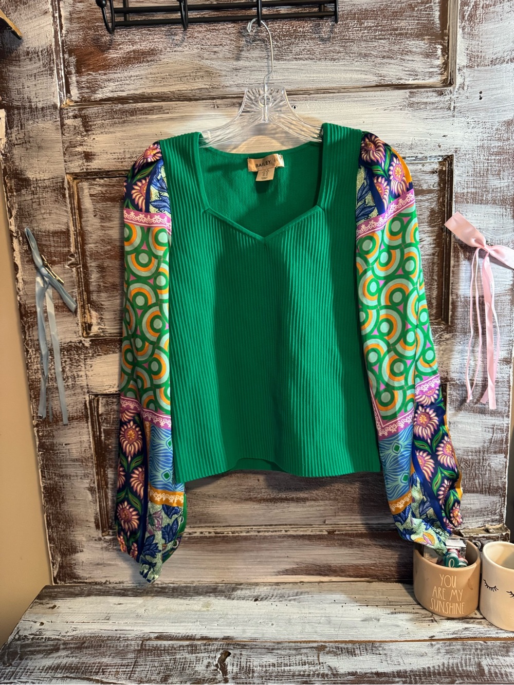 Bailey 44 Emerald Green V-Neck Top with Multicolor Printed Balloon Sleeves